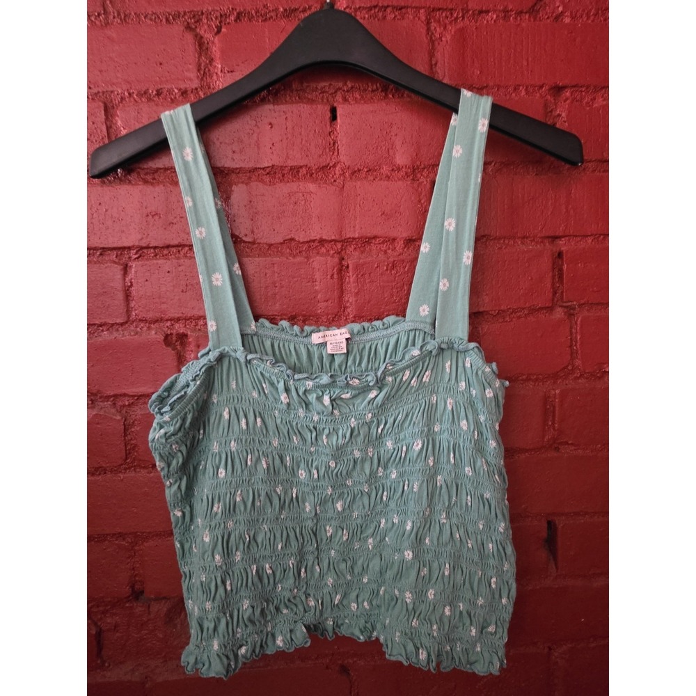 American Eagle Smocked Cropped Top Tank XL Green Coquette Summer Floral